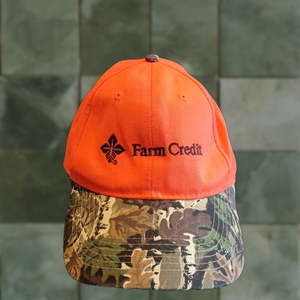 Vintage VINTAGE Farm Credit Union Hat Cap Strap Back Adjustable Adult Orange Camo Hunting Camp Baseball Cap Men Orange Camouflage Classic Dad Hunting 90s Mens Size ONE SIZE - 1 Thumbnail