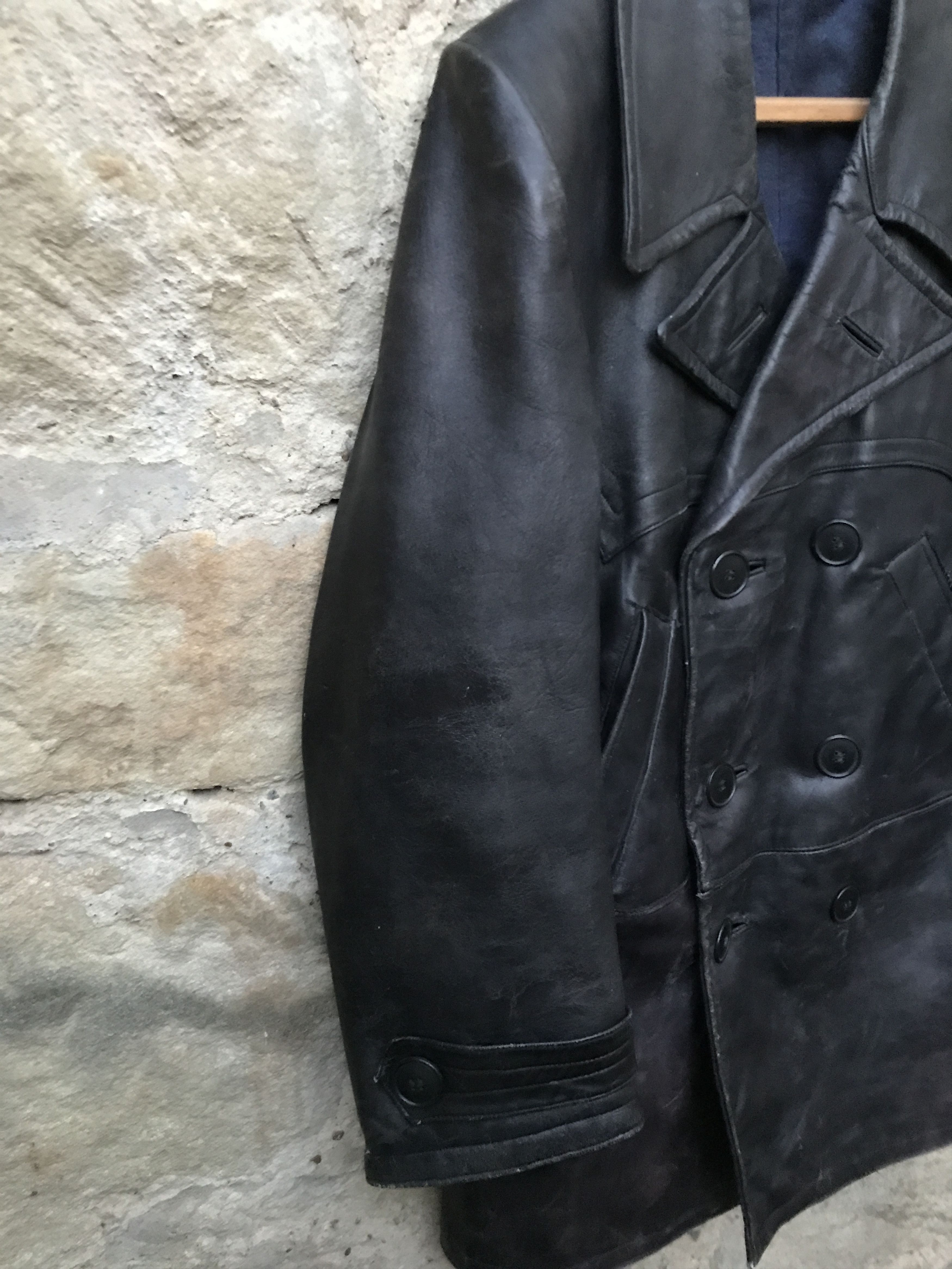 Vintage Retro 40s-50s Military Soviet Motorcycle Leather Peacoat Size US L / EU 52-54 / 3 - 4 Thumbnail
