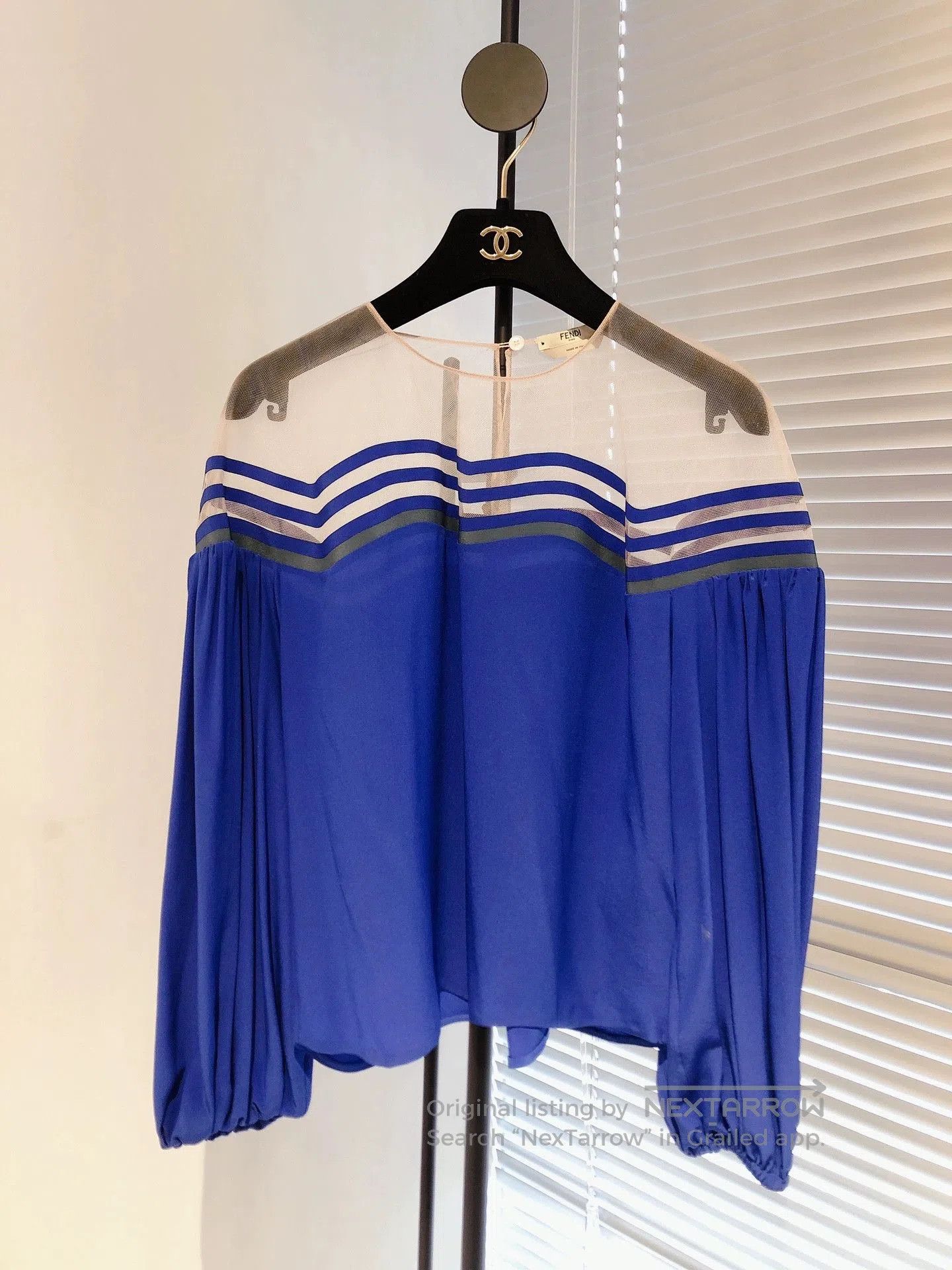 FENDI Blue Silk Panel Lantern Sleeve Top.