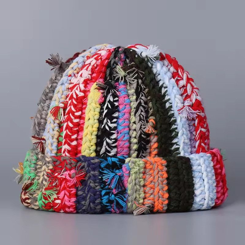 Handmade Multi-strand Twist Mixed Color Knitted Wool Beanie Hat Size ONE SIZE - 2 Thumbnail