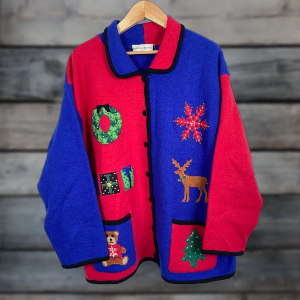 Vintage VINTAGE Marisa Christina Wool Cardigan Women's 3X Blue Red Knit Christmas Embroidered Holiday Ugly Sweater Size XXL / US 16-18 / IT 52-54 - 1 Thumbnail
