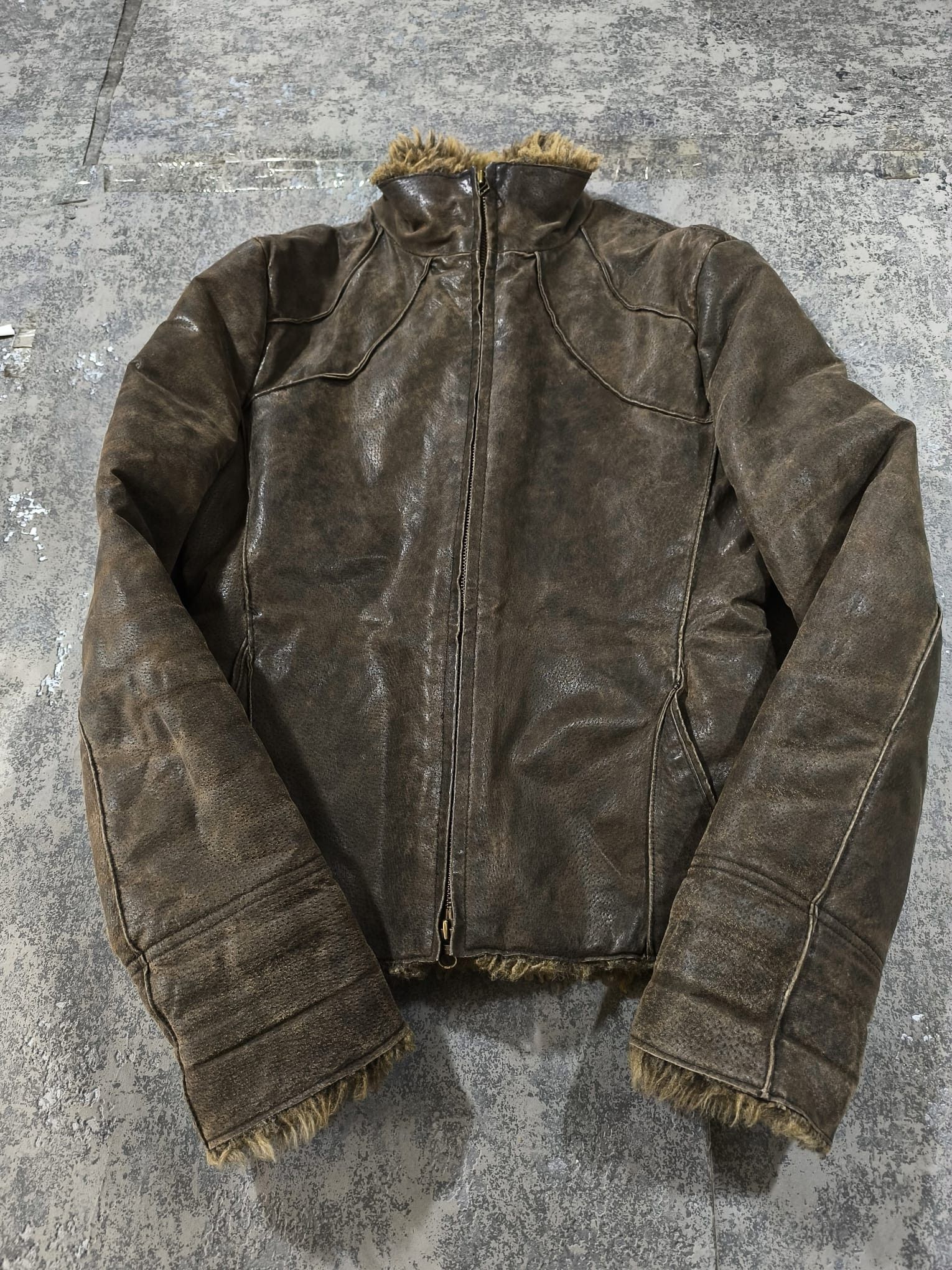 Genuine Leather moto highcollar distressed pigskin leather fauxfur jacket Size M / US 6-8 / IT 42-44 - 11 Thumbnail