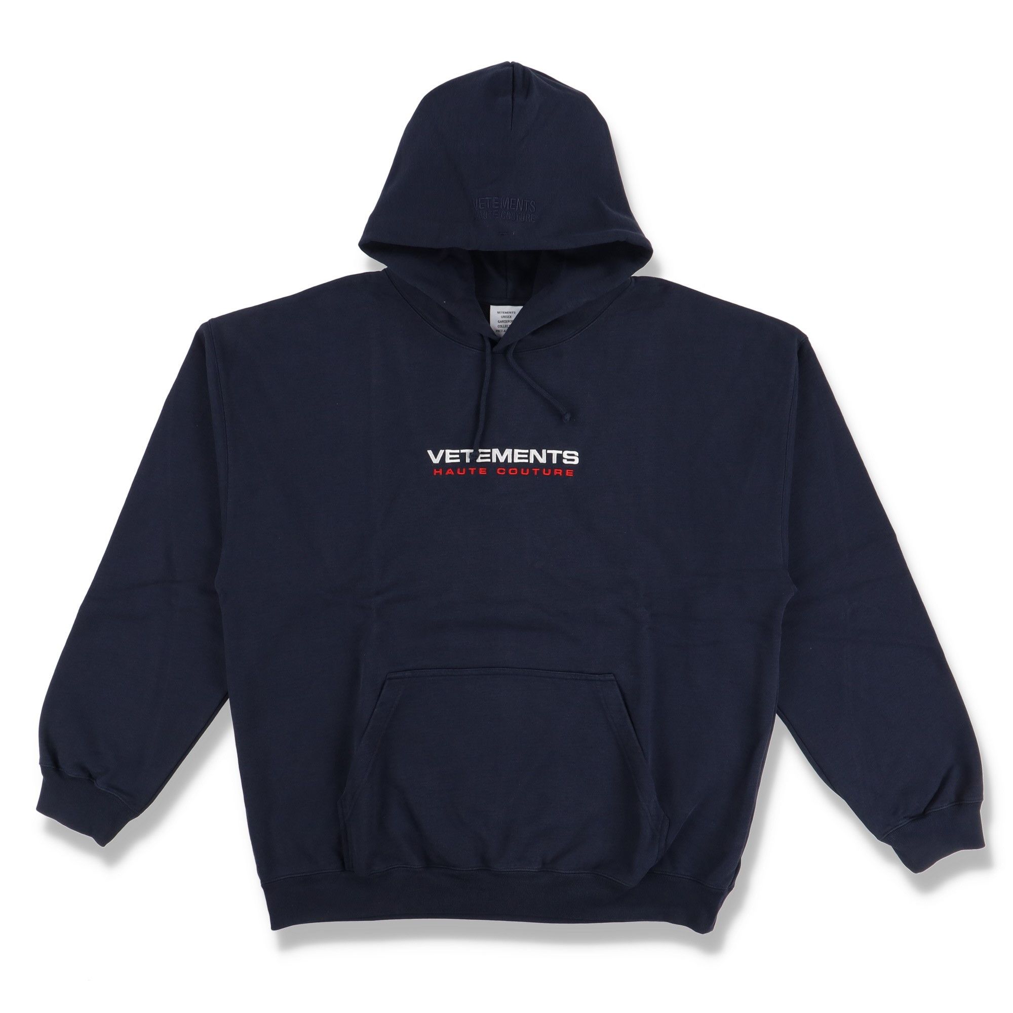 Vetements Navy Blue Haute Couture Embroidered Logo Hoodie | Grailed