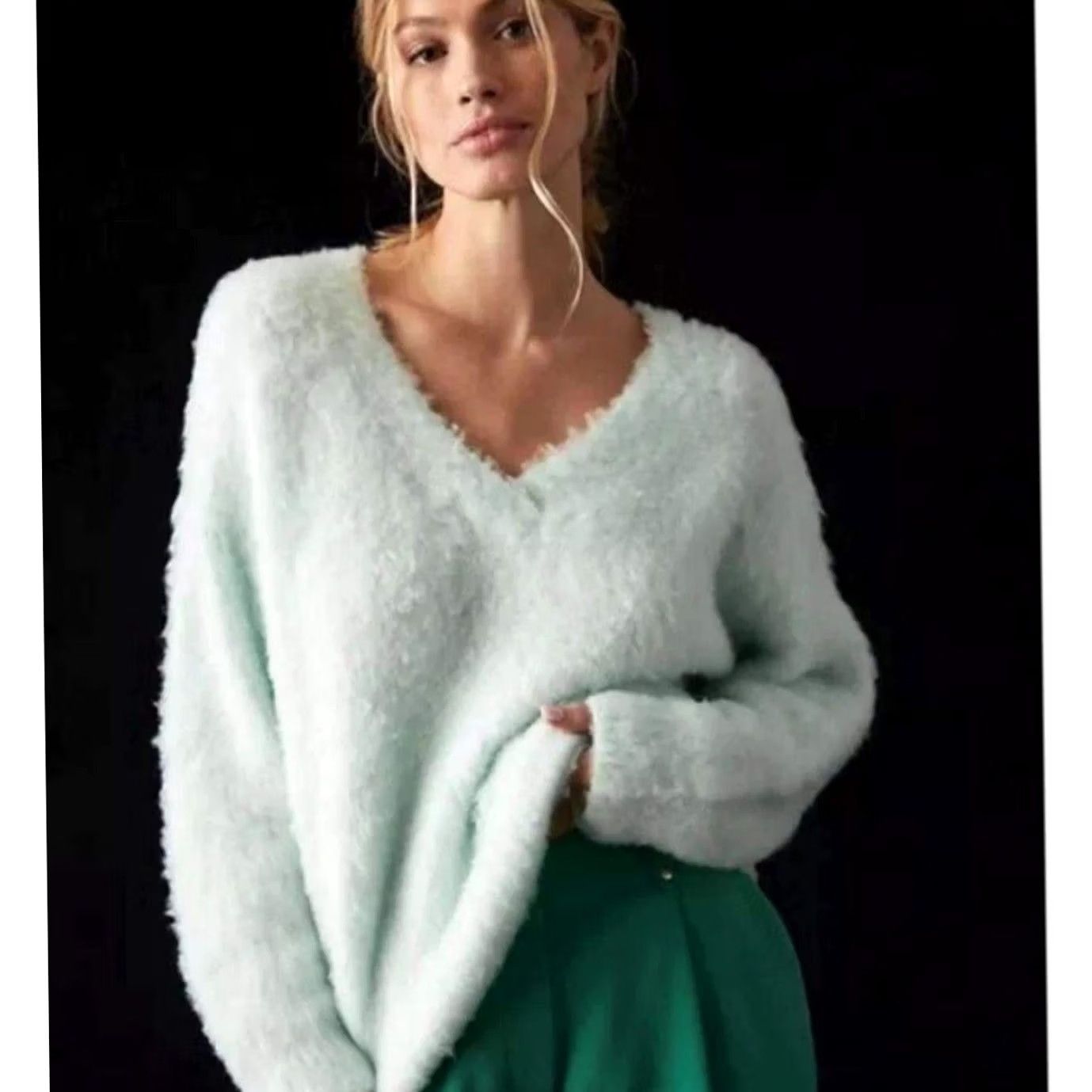 Vintage Maeve Anthropologie Plush V-Neck Sweater Oversized Shaggy XS Mint Green Women Size XS / US 0-2 / IT 36-38 - 3 Thumbnail