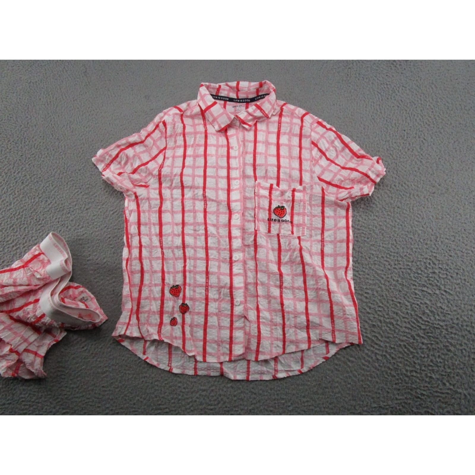 Life is Good Life Is Good Womens Pajama Set Sleep Tee & Shorts Pink Plaid Strawberry Size L Size 36" / US 14 / IT 50 - 4 Thumbnail