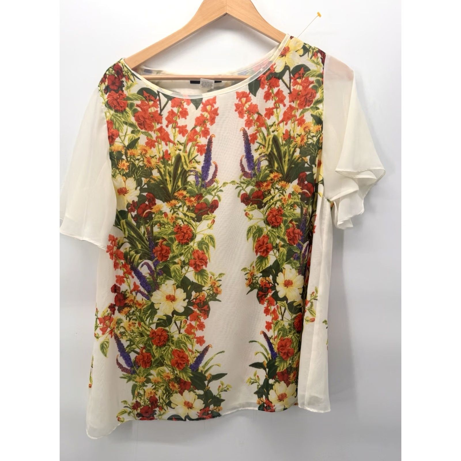 Gildan Jennie & Marlis Blouse Women L White Floral Lined Short Sleeve Pullover Casual Size L / US 10 / IT 46 - 2 Thumbnail