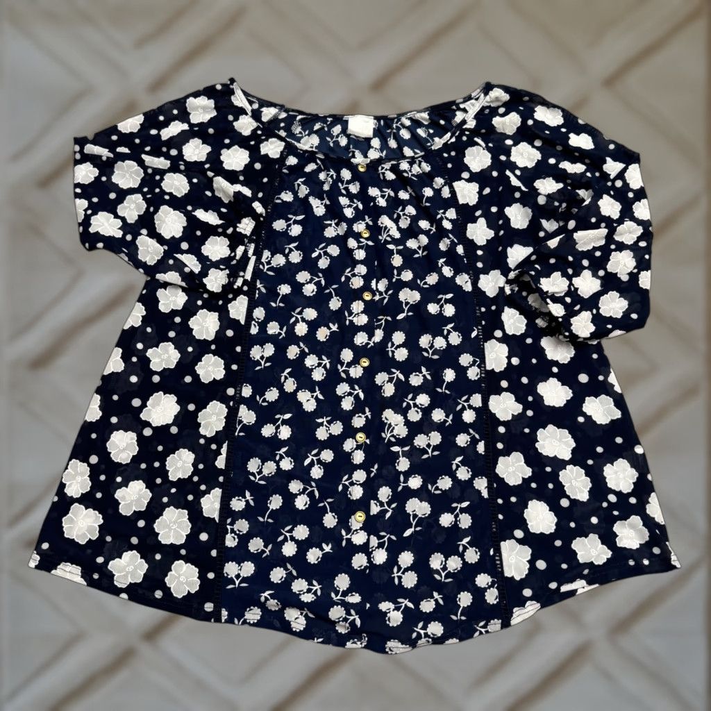 Vintage Siren Lily Blouse Shirt Womens XL Navy Blue Floral Boho Long Sleeve Button Front Crew Neck Casual Vintage No Size XL / US 12-14 / IT 48-50 - 1 Thumbnail