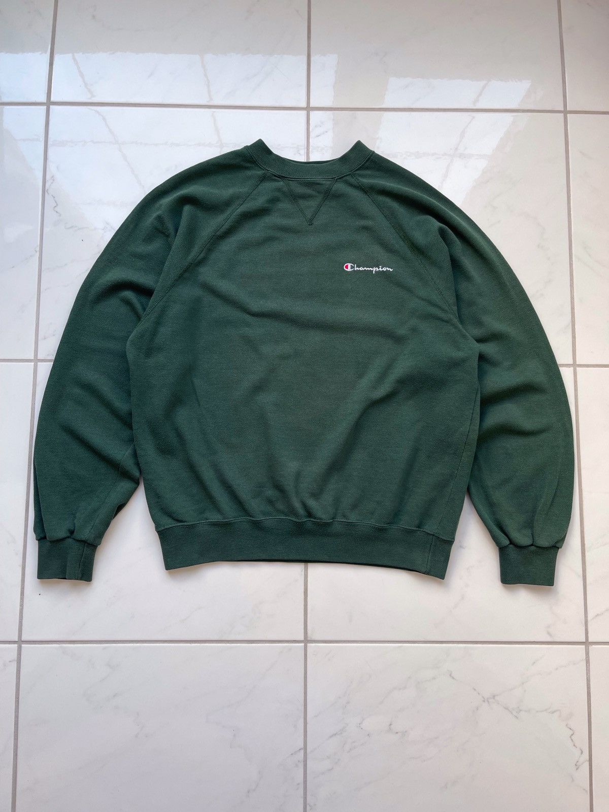 image of 70's Champion Reverse Weave Hoodie Sweatshirt Faded in Green, Men's (Size Medium)
