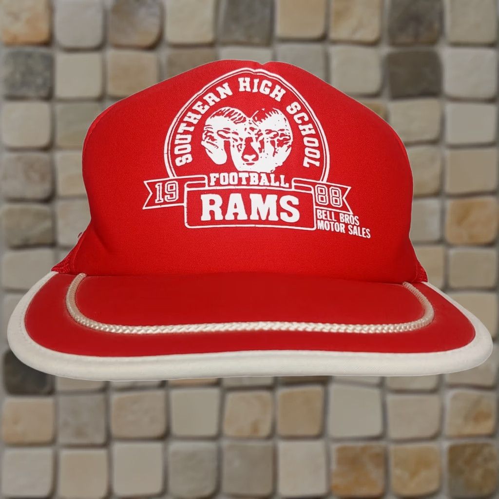 Vintage VINTAGE Southern High School Rams Football 1988 Cap Trucker Nissin Red 3 Stripe Mens Size ONE SIZE - 1 Thumbnail