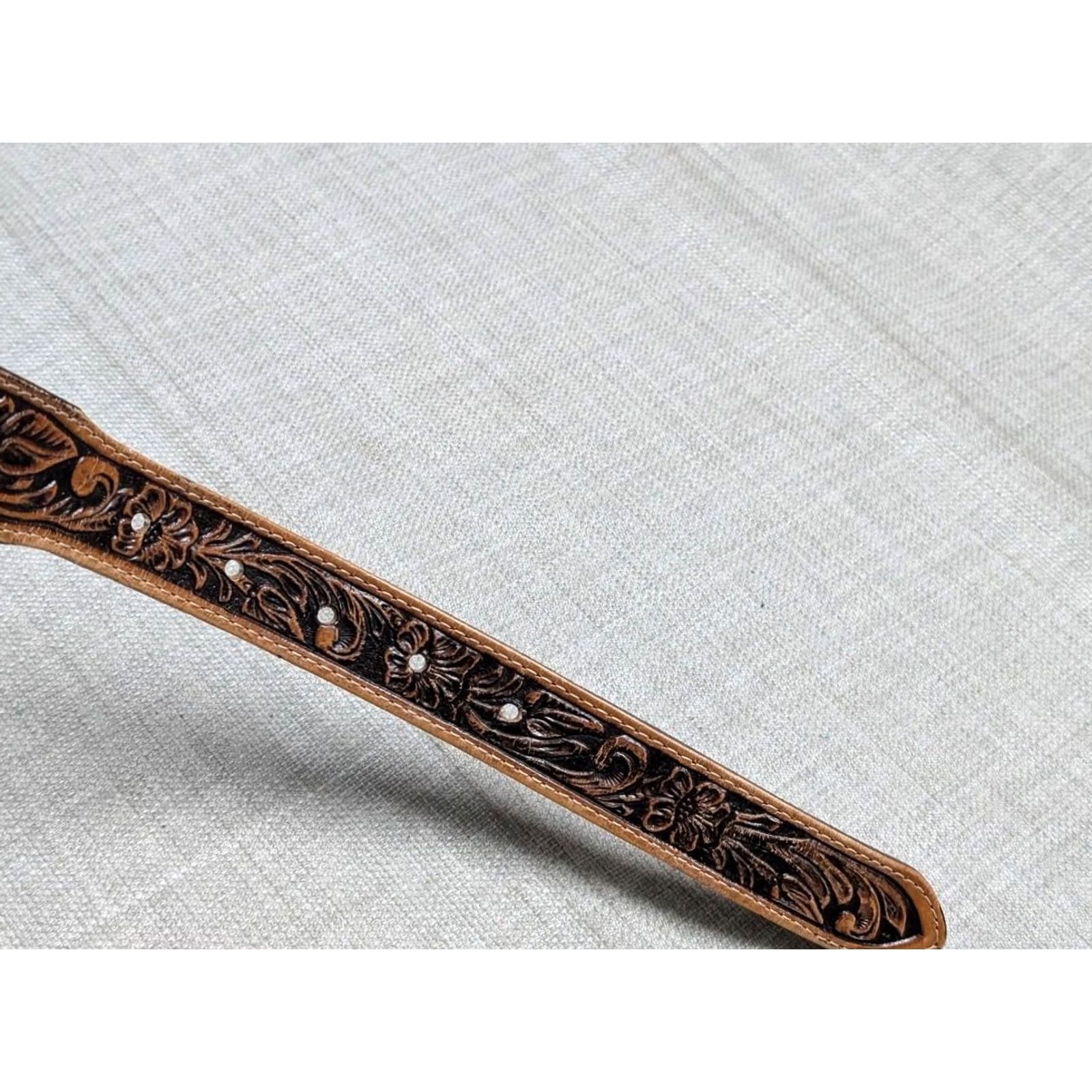 Tony Lama VINTAGE Tony Lama Belt Buckle Western Belt, Leather, 28, Brown, Floral, USA Made, Cowboy, Ranger, Full Grain Cowhide, 1-3/8" Wide, Mens Size 28 - 7 Thumbnail