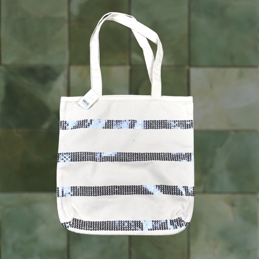 Ann Taylor Ann Taylor Loft Beige Silver Sequence Tote Bag 14x14 Shopping Beach Stylish Womens Size ONE SIZE - 1 Thumbnail