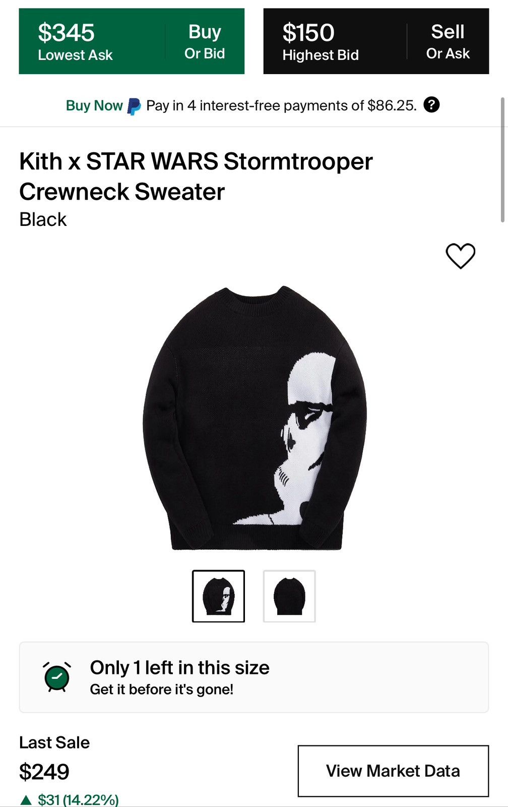 image of Disney x Kith × Star Wars Stormtrooper Crewneck Sweater in Black, Men's (Size XL)