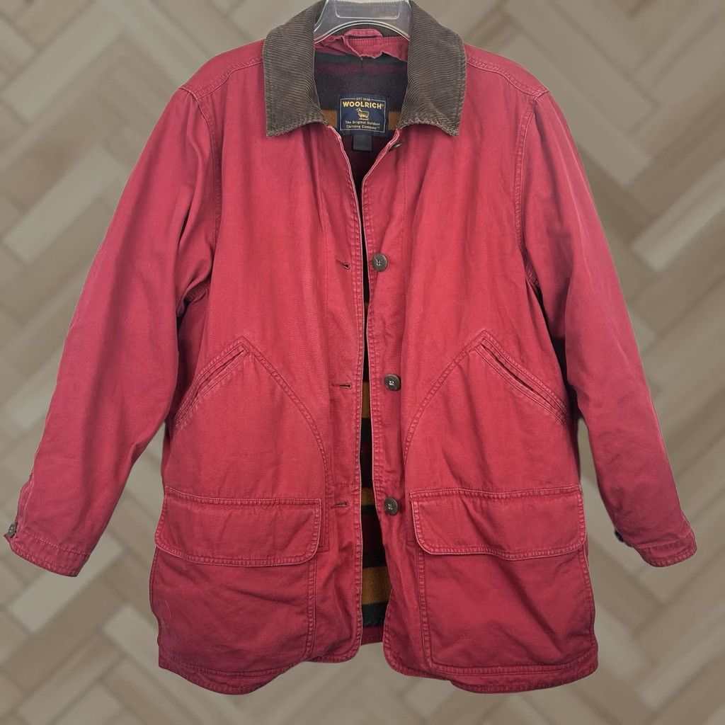 Vintage Woolrich Coat Women Medium Red Corduroy Collar Blanket Stripe Fleece Lining Overcoat Size M / US 6-8 / IT 42-44 - 1 Thumbnail