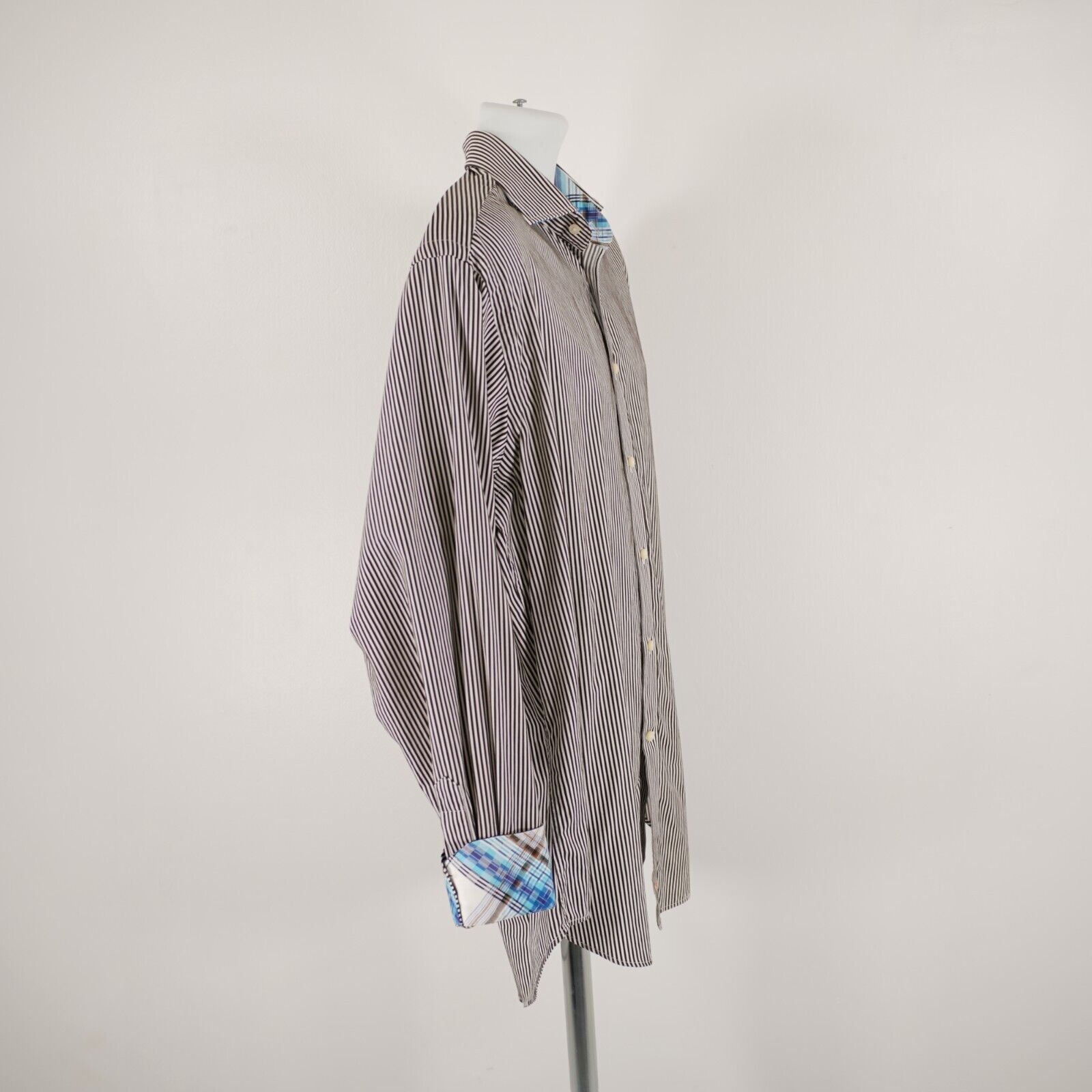 Designer Thomas Dean Brown Striped Pima Cotton Flip Cuff Large Collar Size US L / EU 52-54 / 3 - 8 Thumbnail