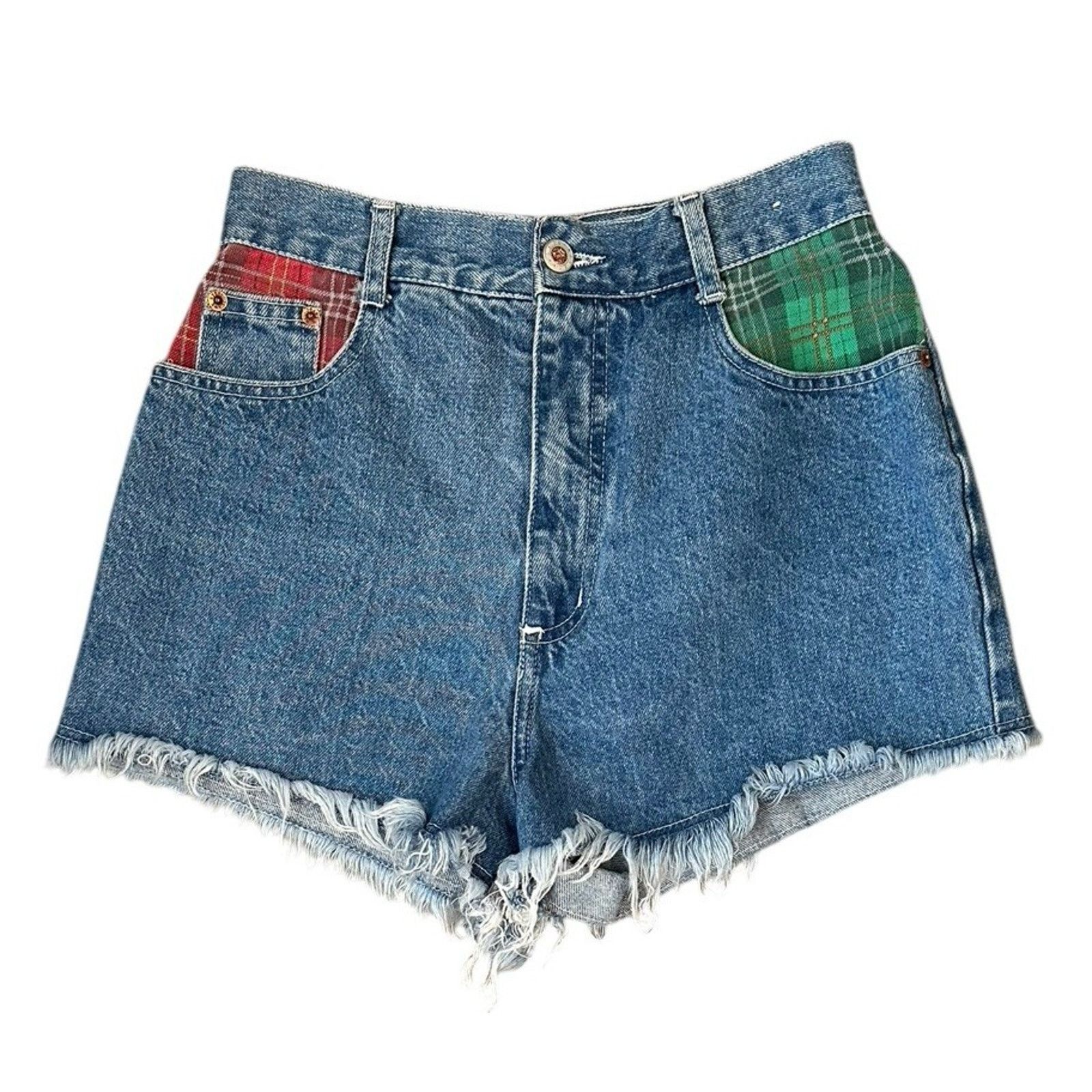 Other Vtg 90s Y2K Steel Denim Jean Shorts Plaid Pockets High Rise Size 26" / US 2 / IT 38 - 2 Thumbnail