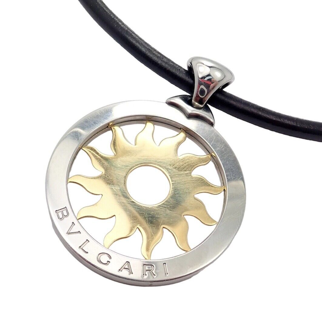 Tondo Sun 18k Gold Steel Large Pendant Leather Cord Necklace