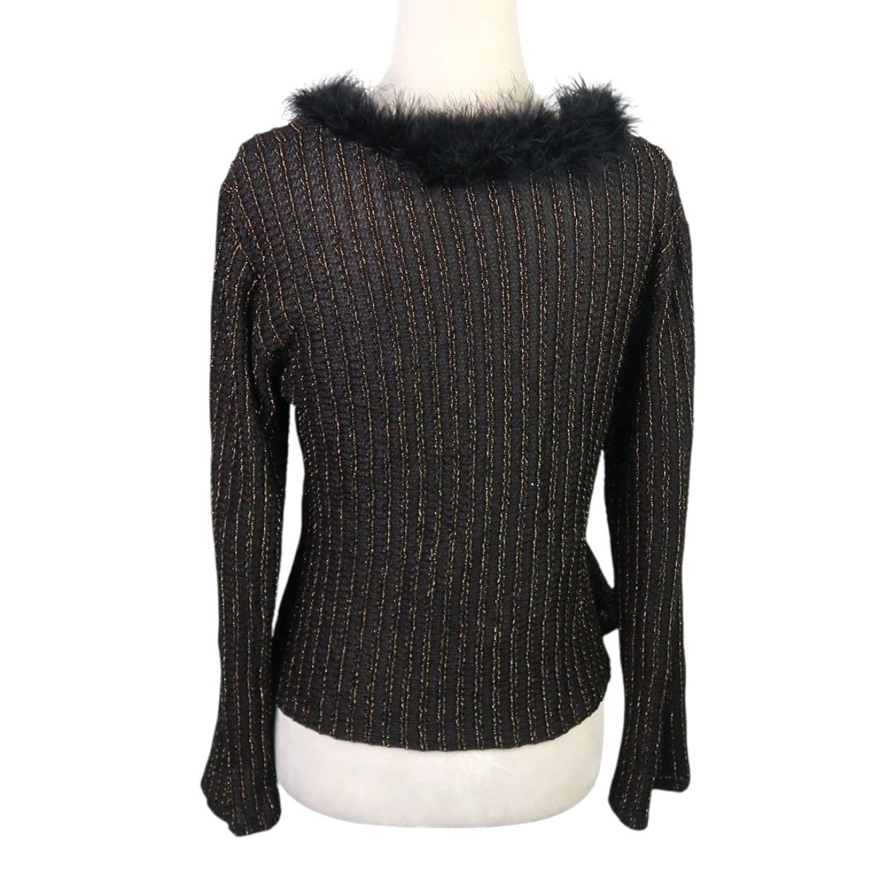 Vintage VINTAGE 90s Topaz Black w/ Gold Lurex Stripe Knit Sweater Feather Trim Women Medium Pullover Long Sleeve Glitter Fall Winter History 90s Size M / US 6-8 / IT 42-44 - 4 Thumbnail