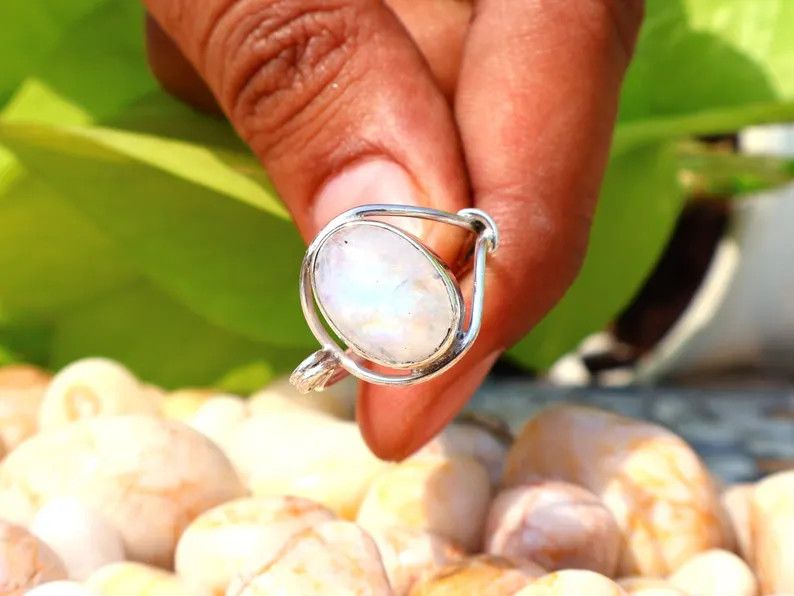 Handmade Rainbow Oval Moonstone Ring, Handmade Sterling Silver Ring Size ONE SIZE - 5 Thumbnail