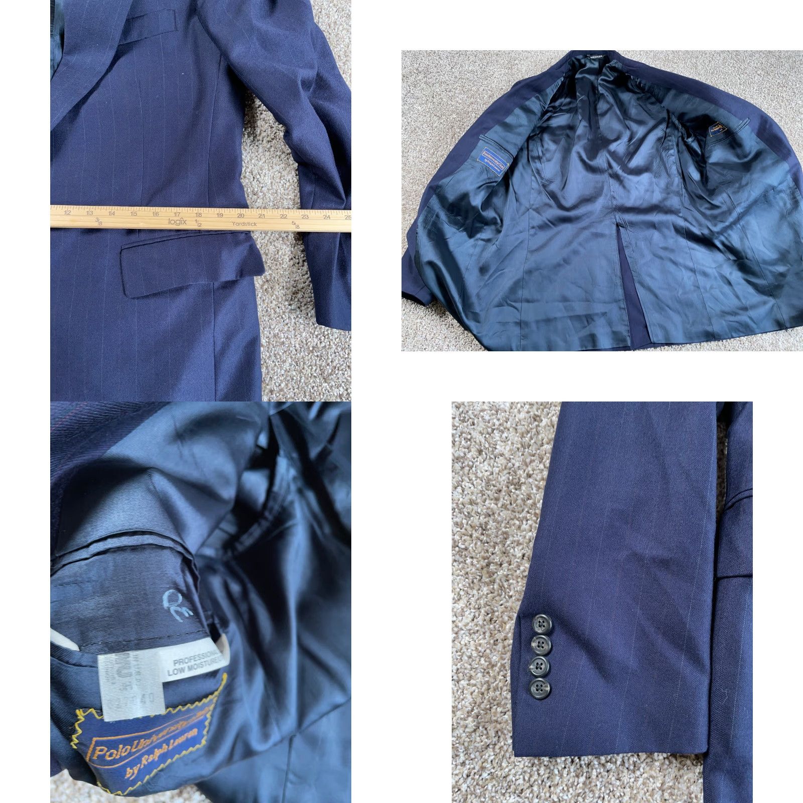 Polo Ralph Lauren VINTAGE Polo University Club Blazer Men 40 Dark Blue Pinstripe Wool 2 Piece Notch Lapel Single-Breasted Four-Button Sleeve Dry Clean Only Wool Jacket Size US L / EU 52-54 / 3 - 9 Thumbnail