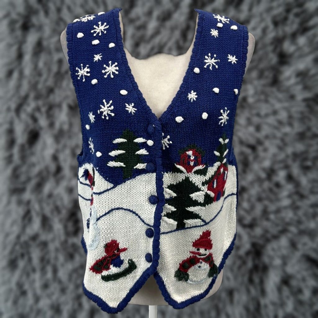 Vintage VINTAGE Bryn Connelly Christmas Sweater Vest Knit Snowmen Medium Blue 90s Womens Size M / US 6-8 / IT 42-44 - 1 Thumbnail