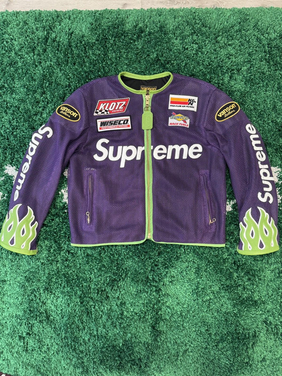 image of Supreme Vanson Leather Cordura Mesh Jacket in Purple/Green, Men's (Size Medium)