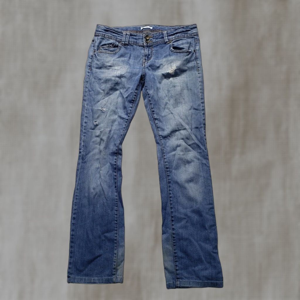 Denime Promod Jeans Adult Women Size 12 Blue Denim Distressed Stretch Low Rise 5-Pocket Straight Womens Size 34" / US 12 / IT 48 - 1 Thumbnail