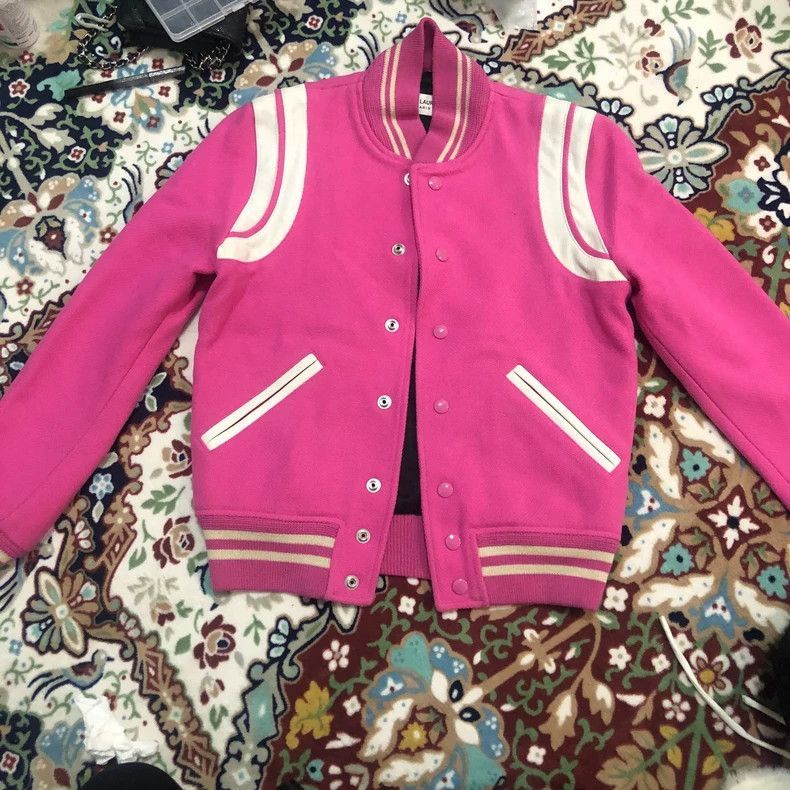 Saint Laurent Paris Pink patchwork baseball jacket-2508