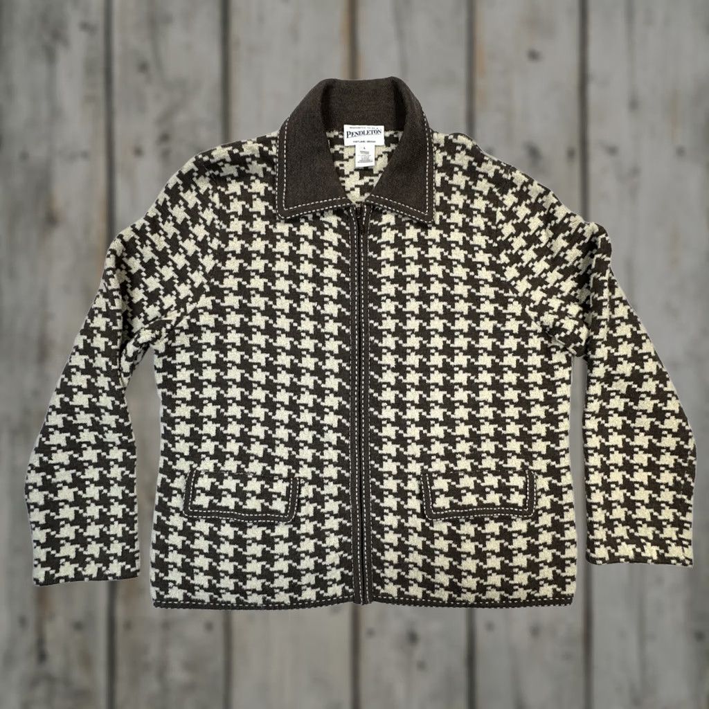 Pendleton Pendleton Cardigan Sweater L Wool Blend Full Zip Houndstooth Brown Women's Size L / US 10 / IT 46 - 1 Thumbnail