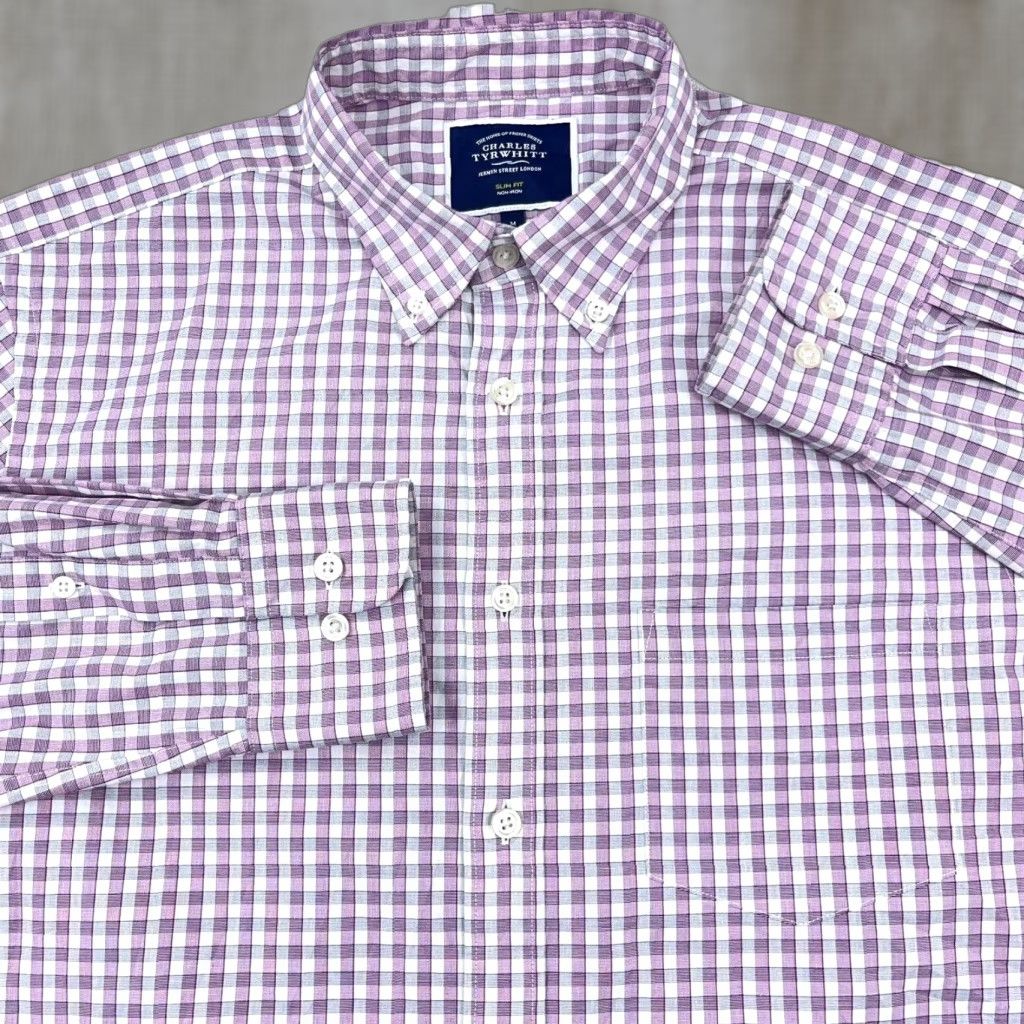 Charles Tyrwhitt Charles Tyrwhitt Shirt Men Medium Pink Slim Fit Button Up Dress Poplin Gingham Size 40R - 1 Thumbnail
