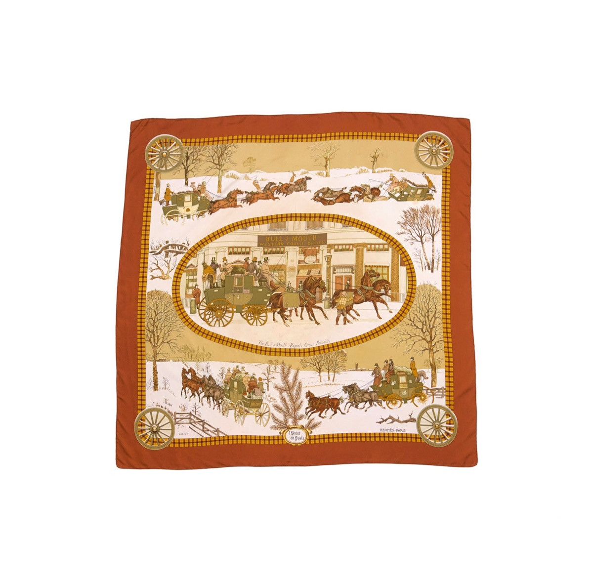 image of Hermes Carre 90 "i River En Poste" Silk Scarf Shawl in Brown, Women's
