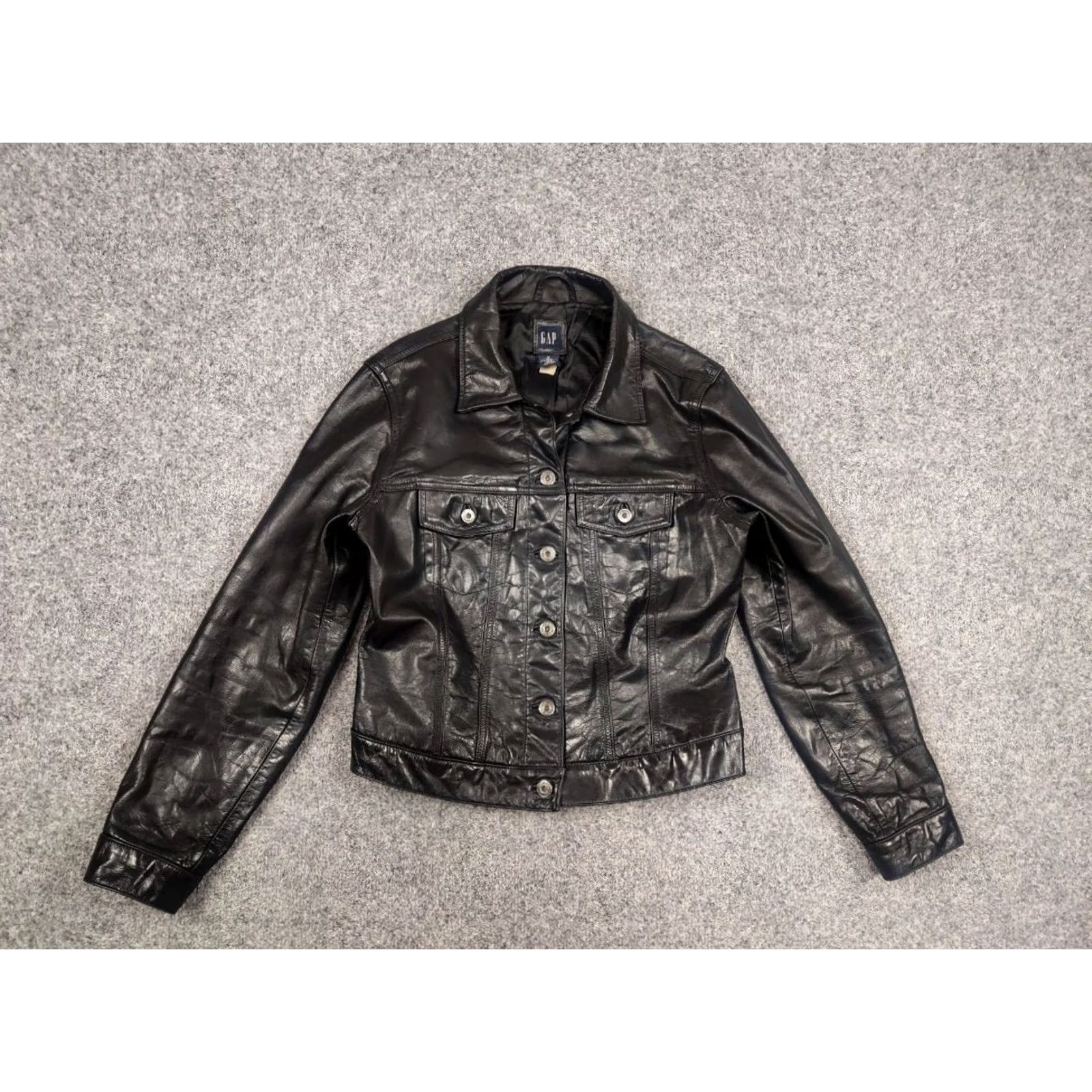 Gap VINTAGE Gap Jacket Stone Black Leather Trucker Rockstar 90s Biker Mid-Length Long Sleeve Women XS? (Original size M) Size M / US 6-8 / IT 42-44 - 7 Thumbnail