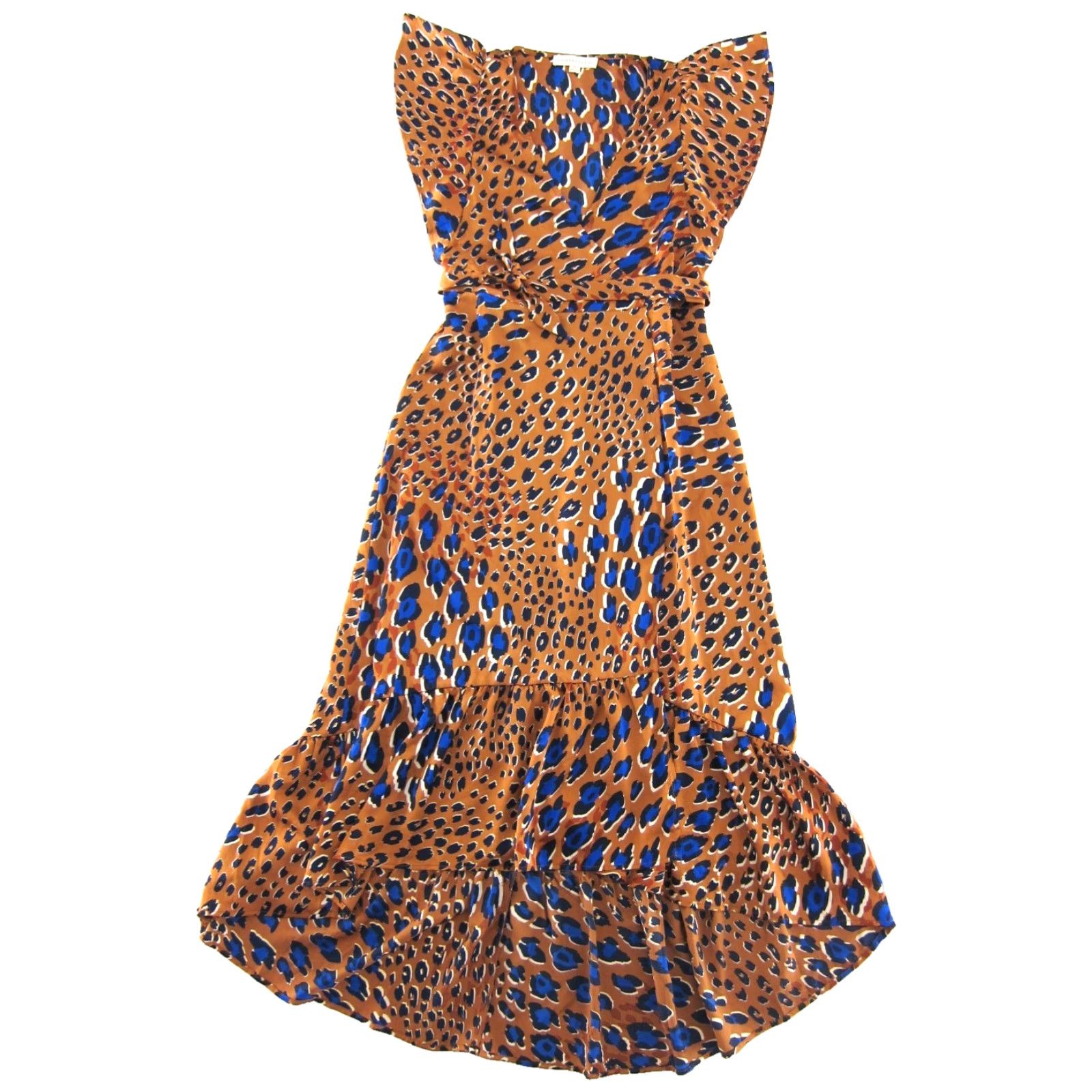 Vintage Love Stitch Cap Sleeve Dress Brown Blue Cheetah Print Wrap Long High Low Medium Women Size M / US 6-8 / IT 42-44 - 2 Thumbnail