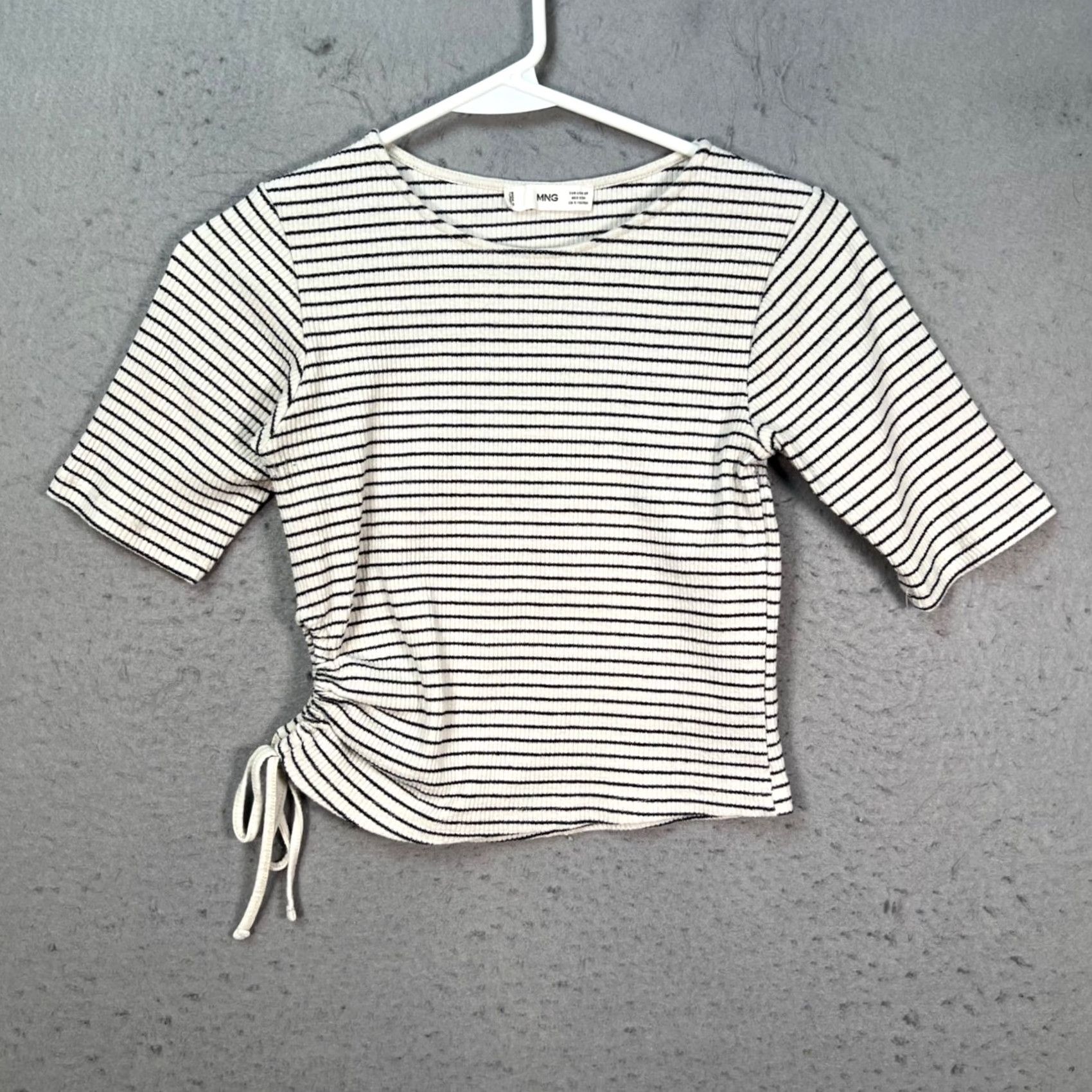 Mango Mango Womens XS Striped Ruched-Side Ribbed Top Black & White Knit Short Sleeve Shirt Men? Size XS / US 0-2 / IT 36-38 - 2 Thumbnail