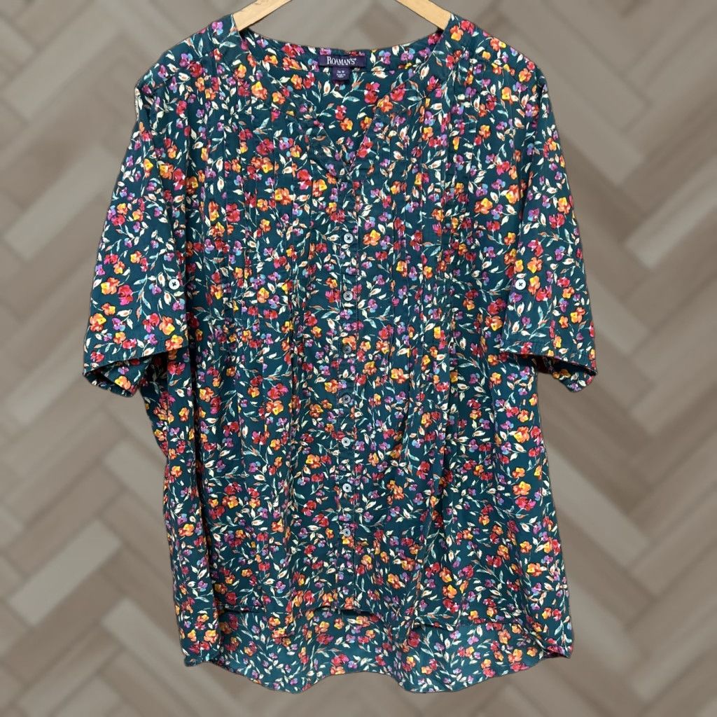 Vintage Roaman's Blouse 26W Plus Floral Green 3/4 Sleeve Round Neck Women Fall Winter Shirt Womens Size 4XL / US 24-26 - 1 Thumbnail