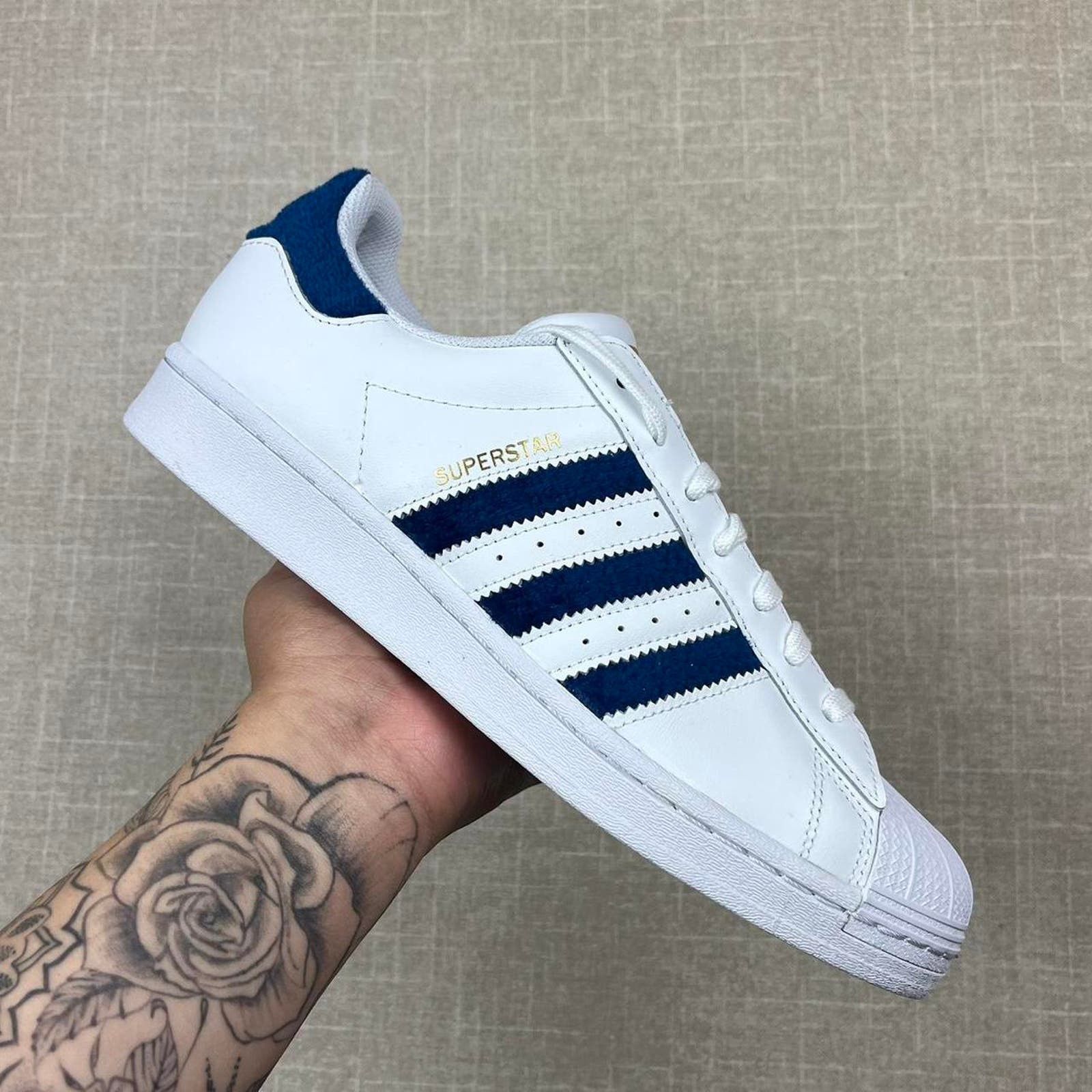 image of Adidas Superstar “Blue Fuzzy Shoes in White, Men's (Size 9.5)