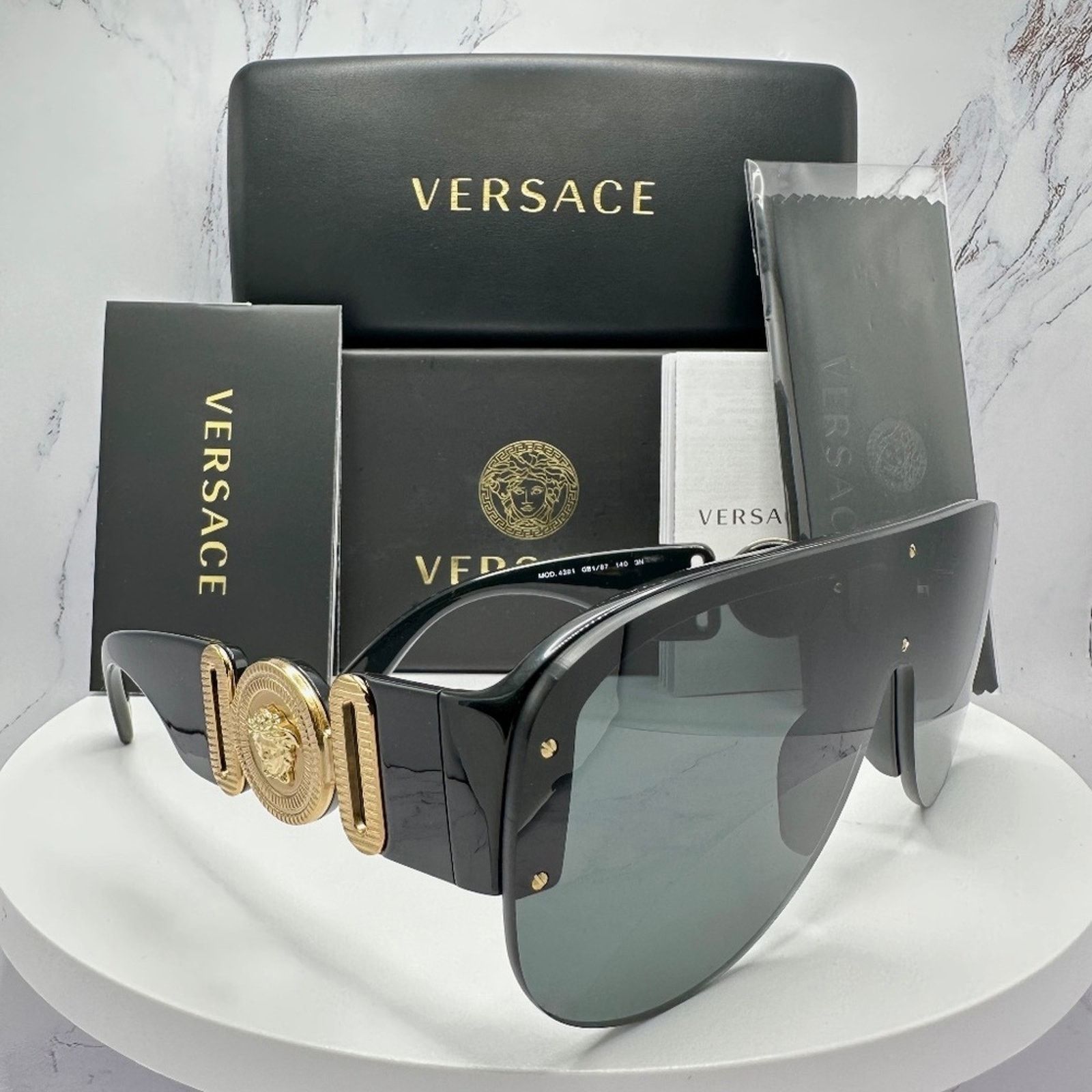 New VERSACE Sunglasses Black Gold Shield Mask Medusa Logo