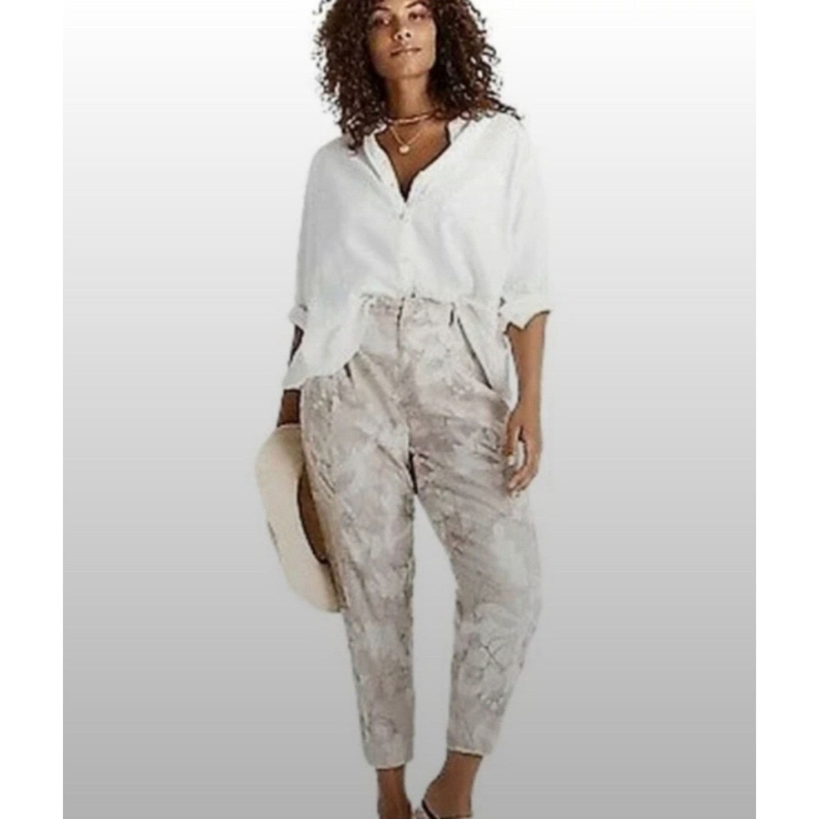 Anthropologie Anthropologie Pants Frannie Linen Blend Tapered Camo 20W Size 40" / US 18 - 1 Thumbnail