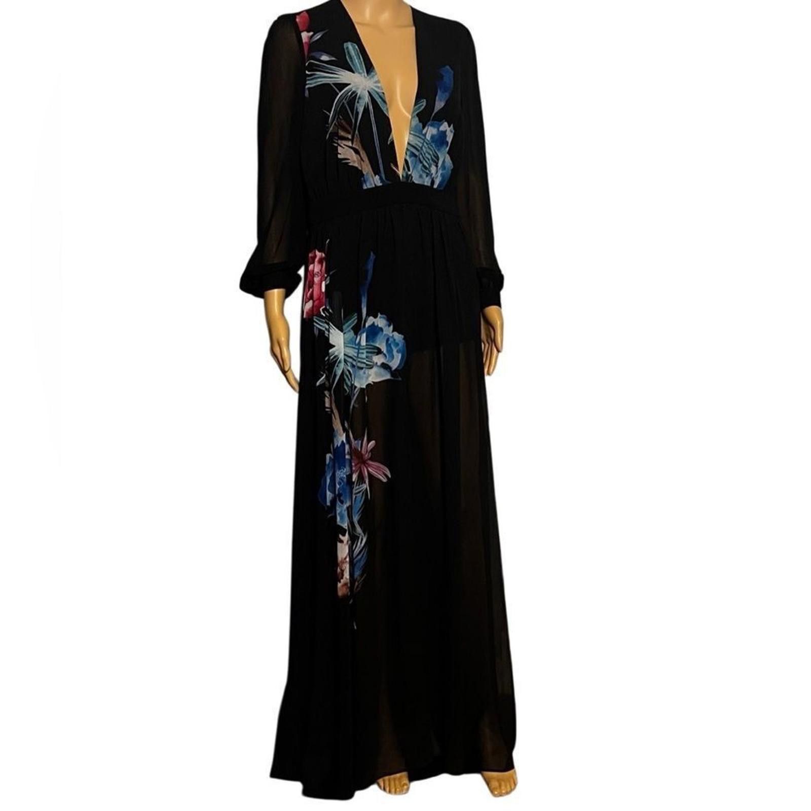 United Colors Of Benetton Bebe 4 Black Floral Deep V Maxi Dress Romper Coachella boho Size 27" / US 4 / IT 40 - 3 Thumbnail