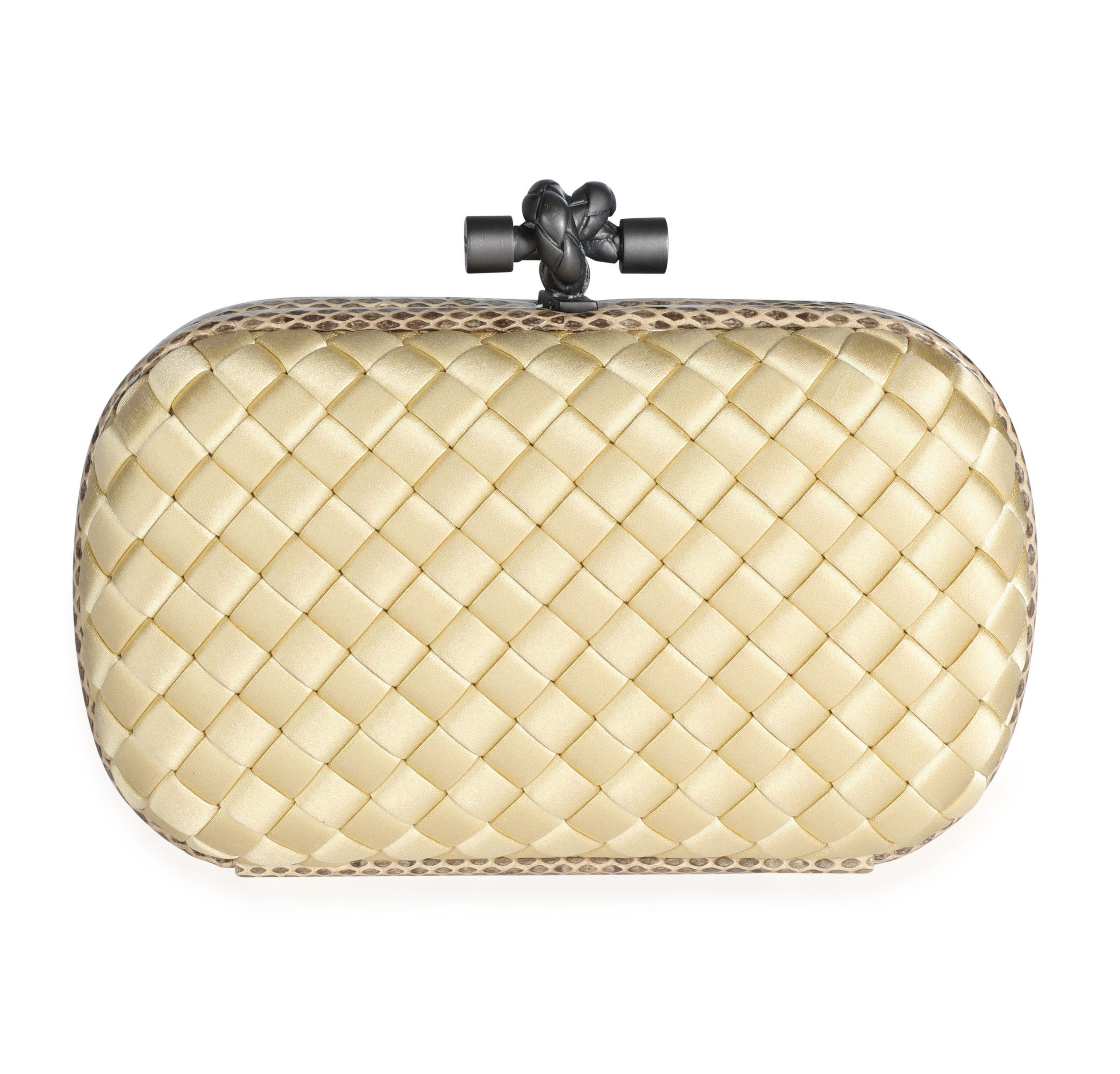image of Bottega Veneta Beige Intrecciato Satin & Ayers Trim Knot Clutch, Women's