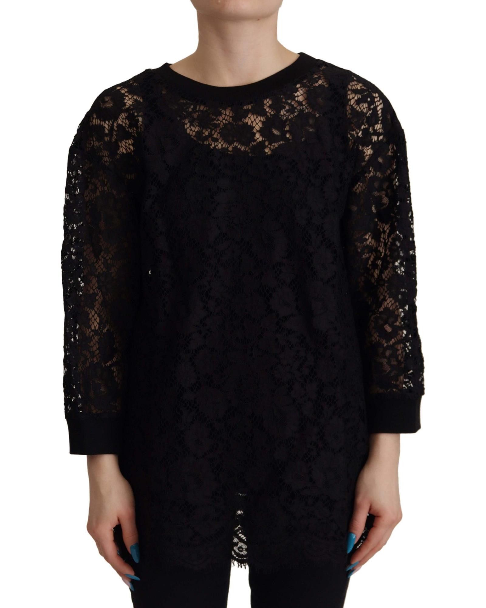 image of Dolce Gabbana Floral Lace Long Sleeve Pullover Blouse in Black, Women's (Size Large)