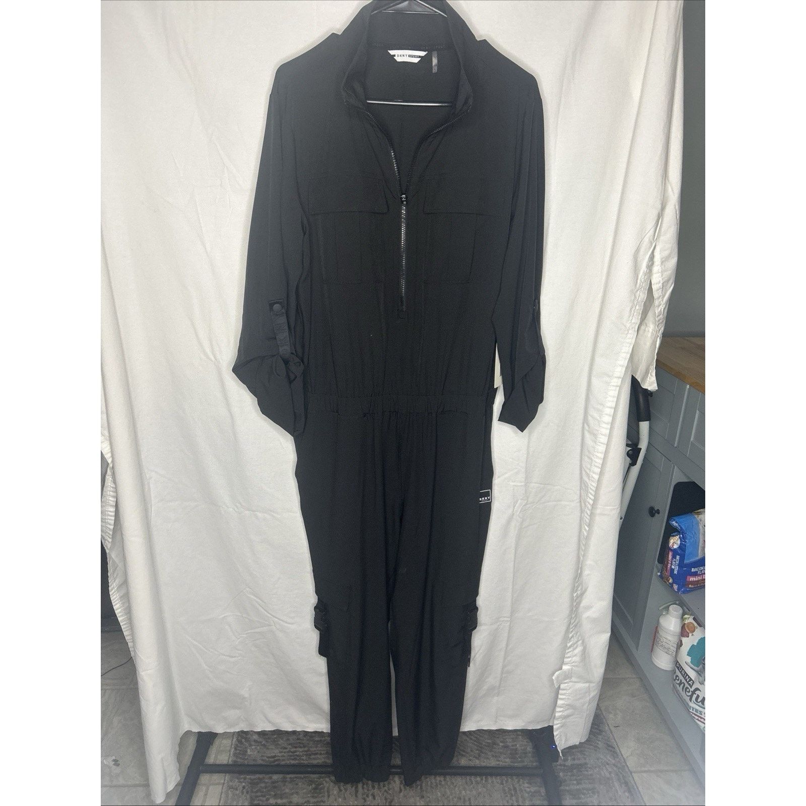 DKNY DKNY Black Utility Cargo Jumpsuit Womans L Tab Sleeve Travel Size 29" - 20 Thumbnail