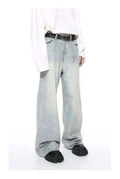 Japanese Brand × Jean Pants Washed light blue straight-leg distressed jeans trend Size US 34 / EU 50 - 4 Thumbnail
