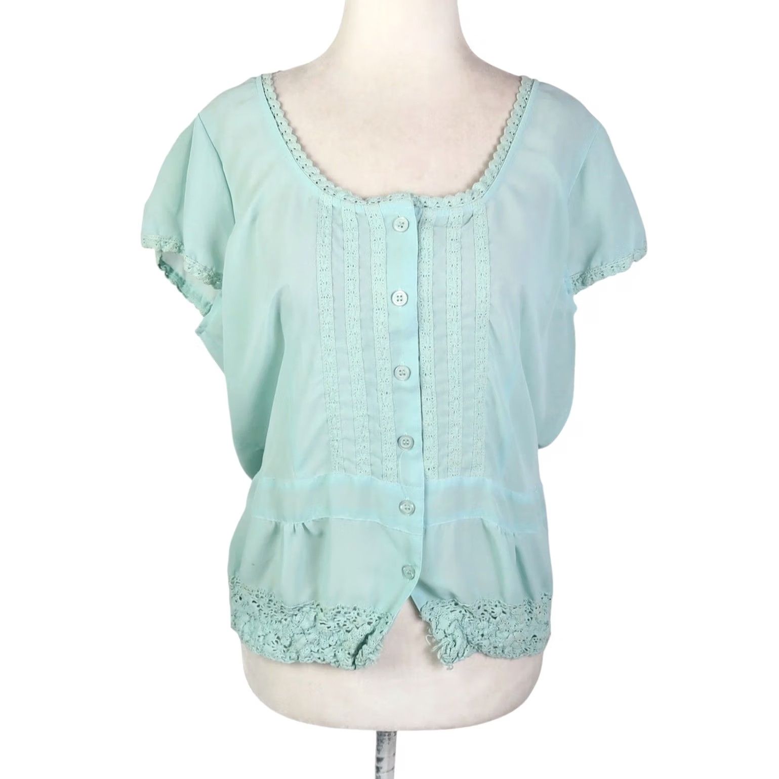 CO VINTAGE New York City Design Co Blouse Shirt Mint Green-Blue Pintuck Short Sleeve 12 Womens Size XL / US 12-14 / IT 48-50 - 2 Thumbnail