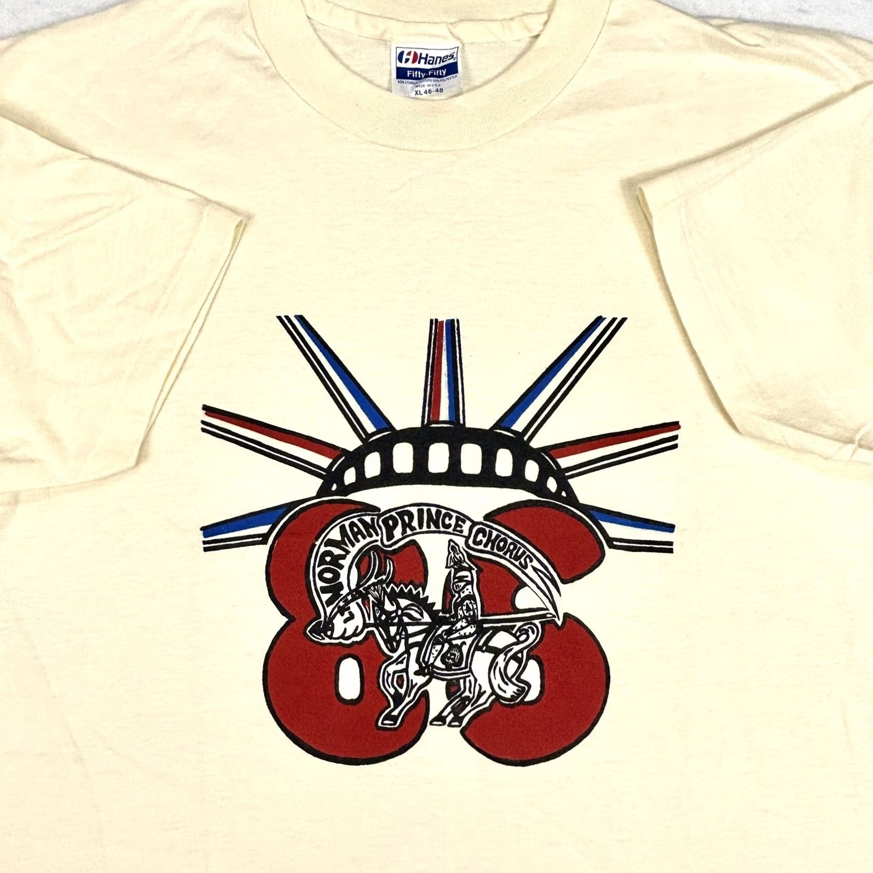 Hanes VINTAGE Norman Prince Chorus T-Shirt L Large Ivory 80s Mens Hanes Cotton Blend Shirt 80s Theme Size US L / EU 52-54 / 3 - 6 Thumbnail