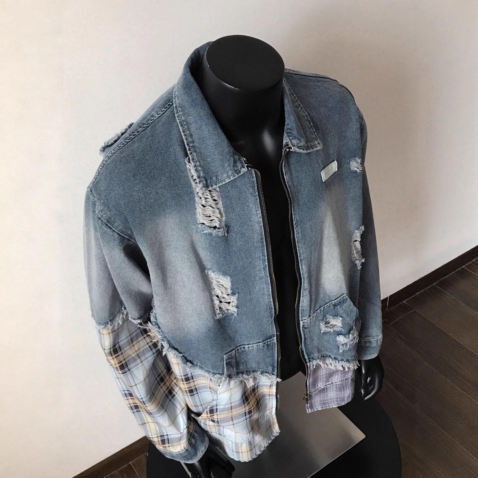 Vintage Blue Distressed Plaid Patchwork Denim Jacket Size US M / EU 48-50 / 2 - 3 Thumbnail