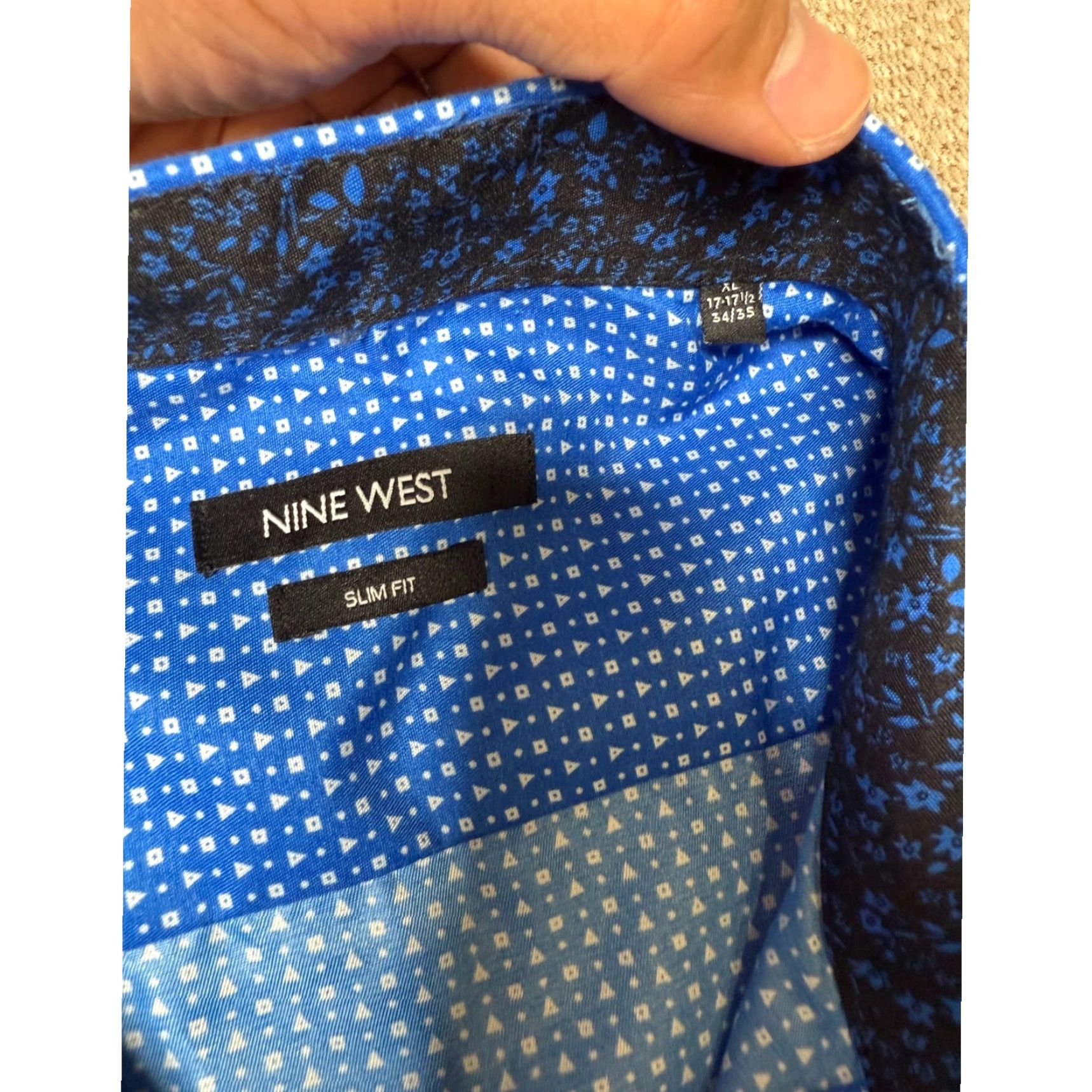 Nine West Nine West Dress Shirt Geometric Pattern Slim Fit Long Sleeve Blue XL 17-17.5 Neck 17-17.5 in Barrel Cuff Wrinkle Resistant Mens Shirt Size 46R - 2 Thumbnail