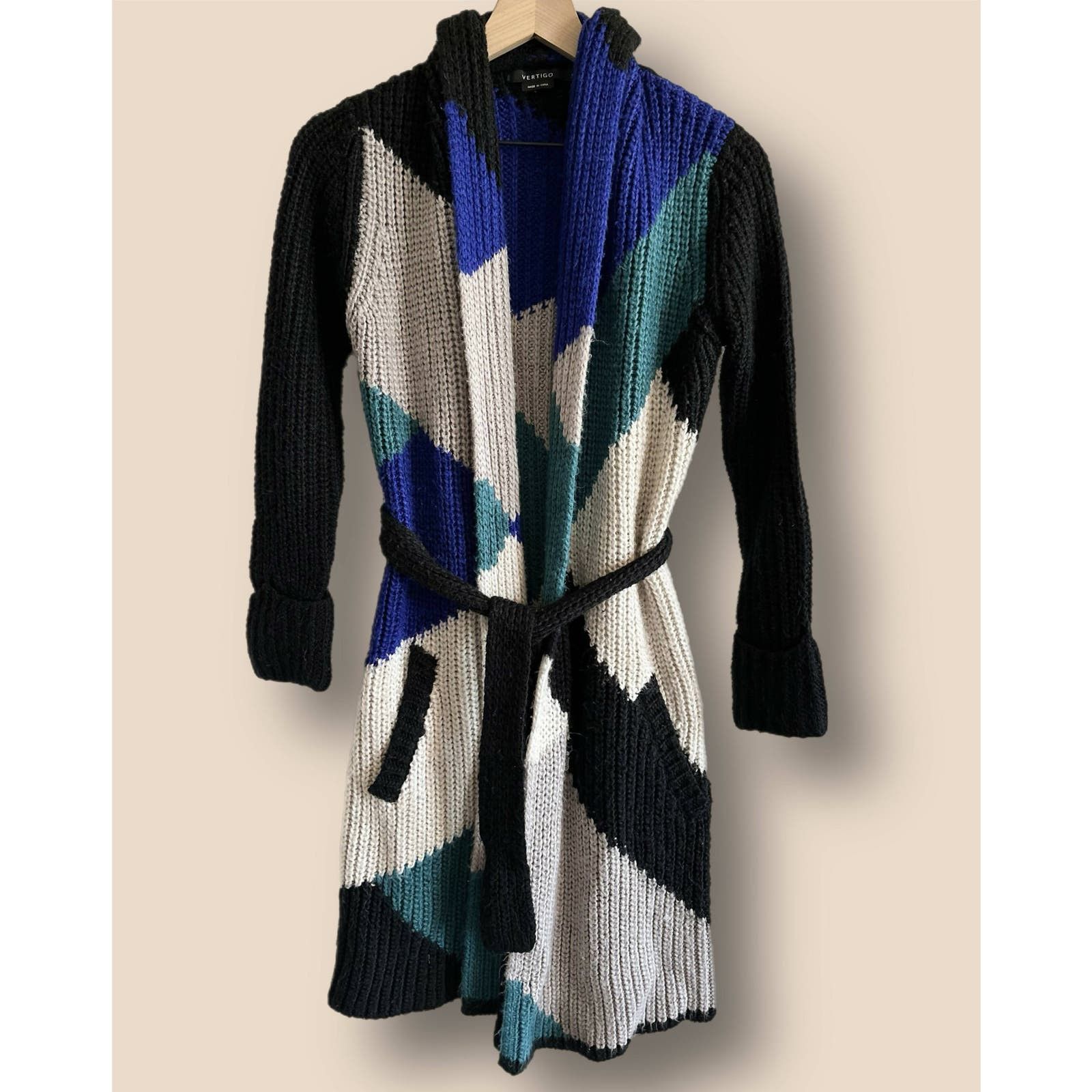 image of Vertigo Blue Teal Black Geometric Open Long Knit Cardigan S, Women's (Size Small)