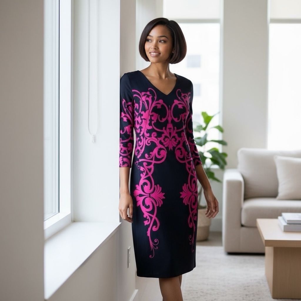 Other David Meister Black & Pink Scroll Print Midi DressV-Neck 3/4 Size XL / US 12-14 / IT 48-50 - 1 Thumbnail