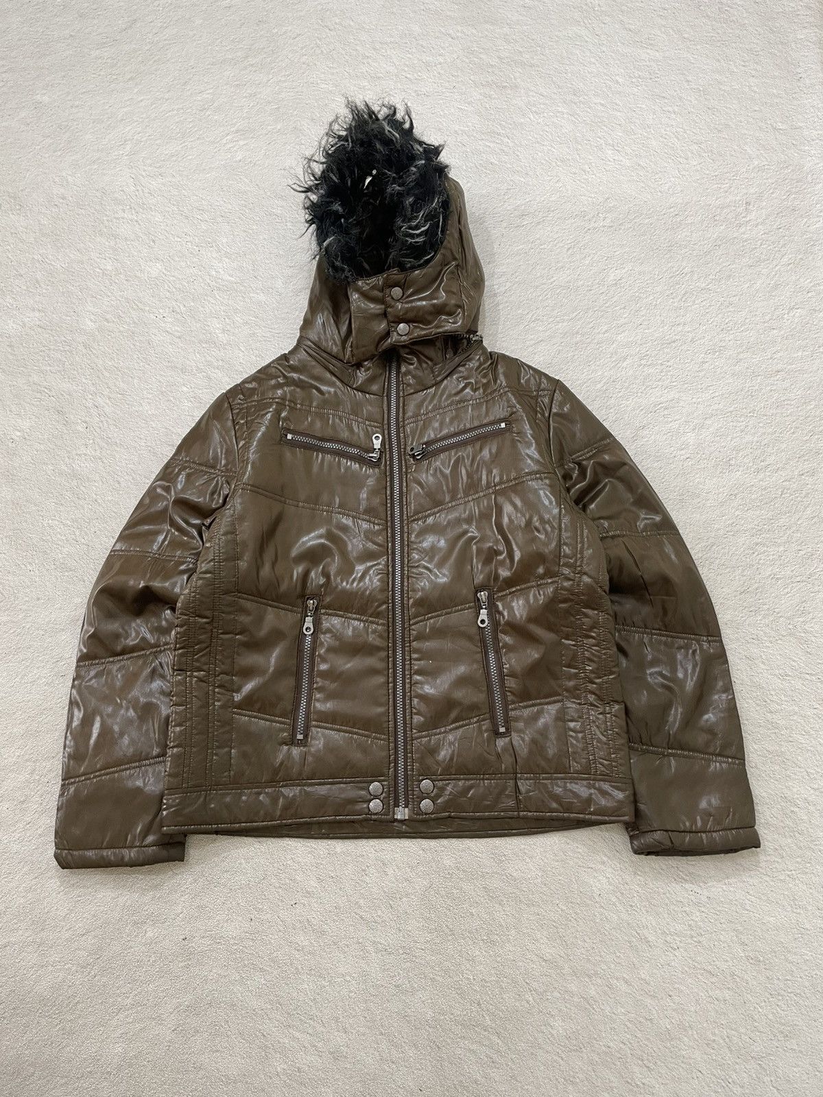 14th Addiction 2000s Japanese Brown Faux Leather Puffer Jacket Fur Hood Y2K Size US M / EU 48-50 / 2 - 1 Thumbnail