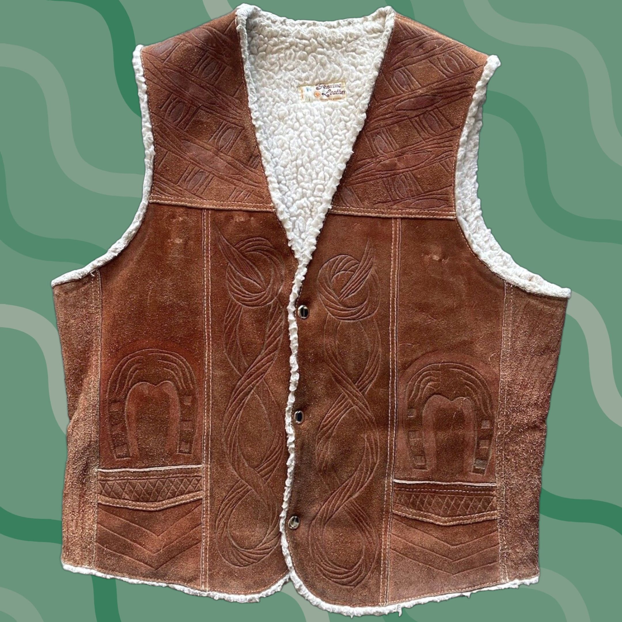 Hecho En Mexico Pile Genuine Leather Tooled Vest 44 Brown Horseshoe Cactus Bull Mens Vest Brown